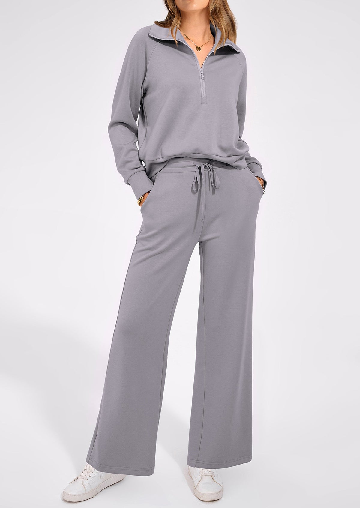 Pisania Women's 2 Piece Outfits Casual Lapel Half Zip Sweatshirts And Wide Leg Pants Tracksuit Sets