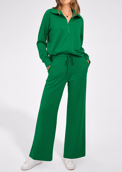 Pisania Women's 2 Piece Outfits Casual Lapel Half Zip Sweatshirts And Wide Leg Pants Tracksuit Sets