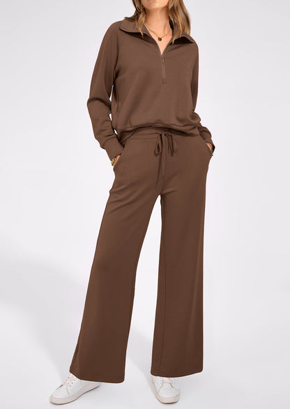 Pisania Women's 2 Piece Outfits Casual Lapel Half Zip Sweatshirts And Wide Leg Pants Tracksuit Sets