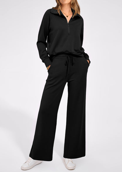 Pisania Women's 2 Piece Outfits Casual Lapel Half Zip Sweatshirts And Wide Leg Pants Tracksuit Sets