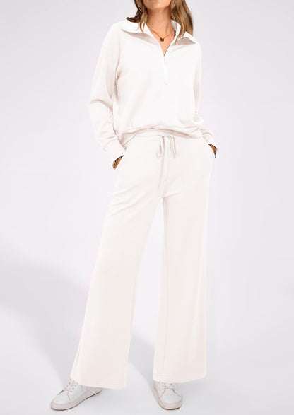 Pisania Women's 2 Piece Outfits Casual Lapel Half Zip Sweatshirts And Wide Leg Pants Tracksuit Sets