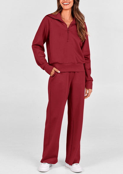 Pisania Women's 2 Piece Outfits Casual Lapel Half Zip Sweatshirts And Wide Leg Pants Tracksuit Sets