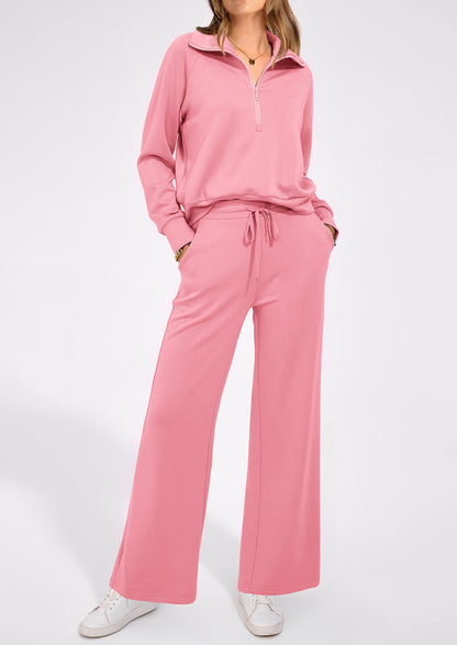 Pisania Women's 2 Piece Outfits Casual Lapel Half Zip Sweatshirts And Wide Leg Pants Tracksuit Sets