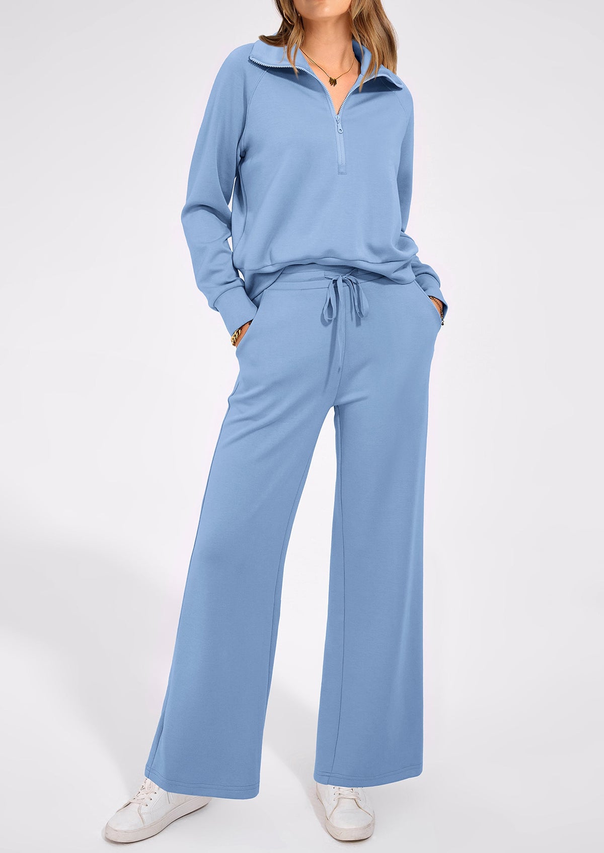 Pisania Women's 2 Piece Outfits Casual Lapel Half Zip Sweatshirts And Wide Leg Pants Tracksuit Sets