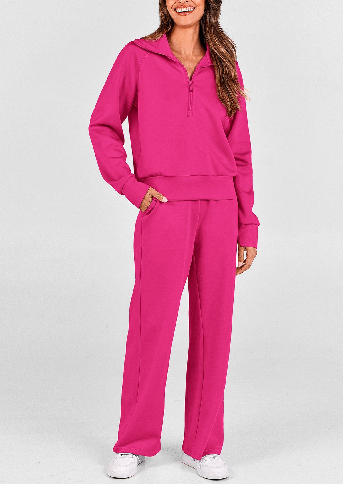 Pisania Women's 2 Piece Outfits Casual Lapel Half Zip Sweatshirts And Wide Leg Pants Tracksuit Sets