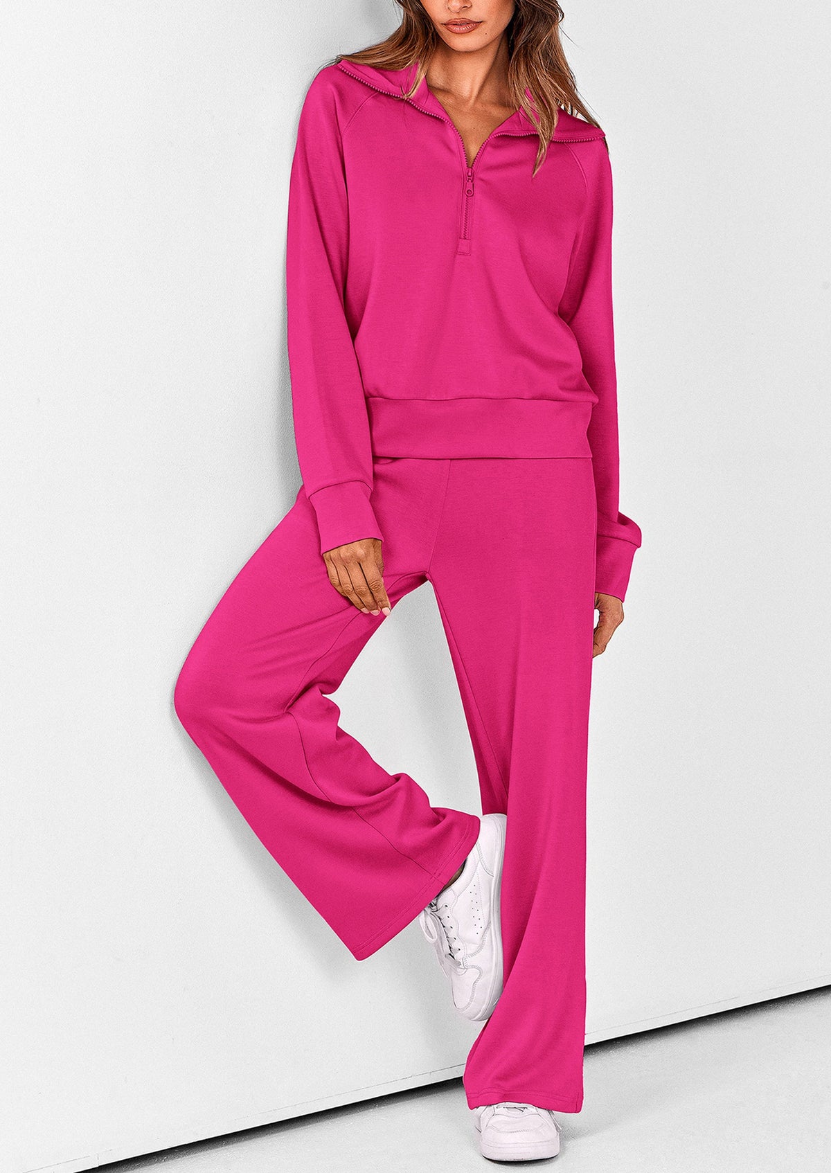 Pisania Women's 2 Piece Outfits Casual Lapel Half Zip Sweatshirts And Wide Leg Pants Tracksuit Sets