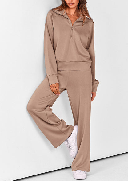 Pisania Women's 2 Piece Outfits Casual Lapel Half Zip Sweatshirts And Wide Leg Pants Tracksuit Sets
