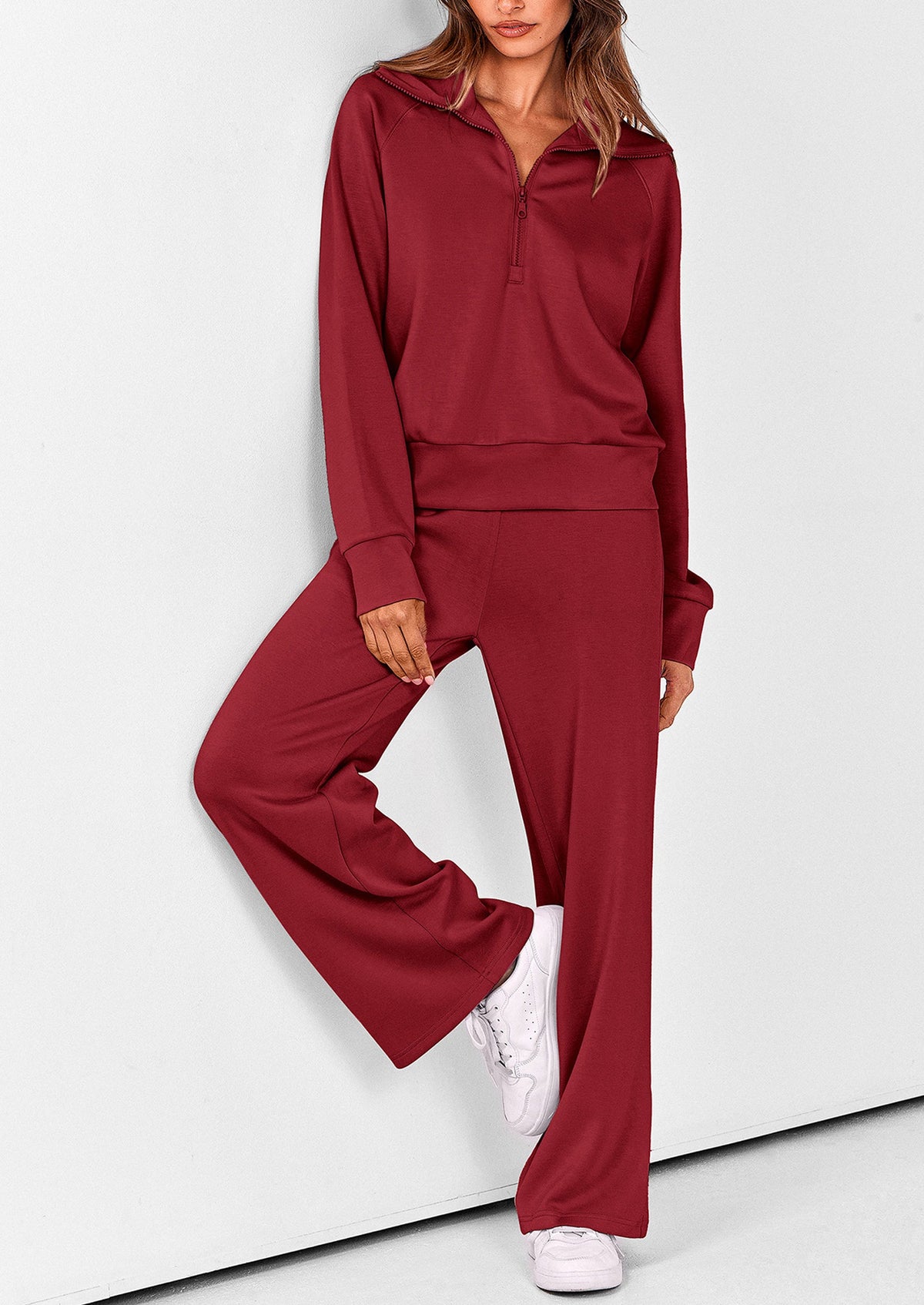 Pisania Women's 2 Piece Outfits Casual Lapel Half Zip Sweatshirts And Wide Leg Pants Tracksuit Sets