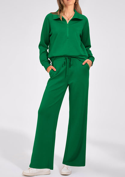 Pisania Women's 2 Piece Outfits Casual Lapel Half Zip Sweatshirts And Wide Leg Pants Tracksuit Sets