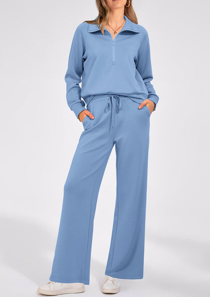 Pisania Women's 2 Piece Outfits Casual Lapel Half Zip Sweatshirts And Wide Leg Pants Tracksuit Sets