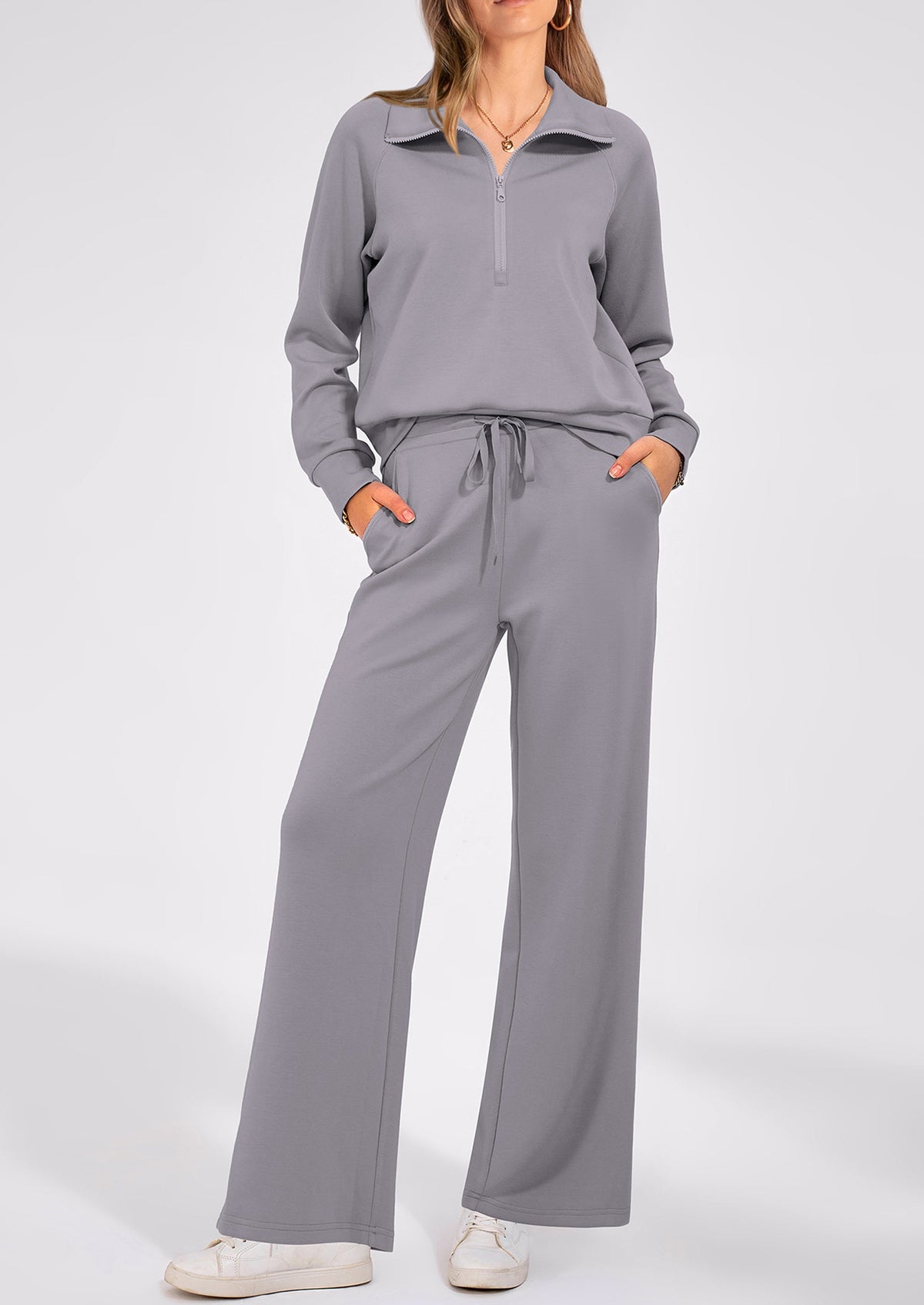 Pisania Women's 2 Piece Outfits Casual Lapel Half Zip Sweatshirts And Wide Leg Pants Tracksuit Sets