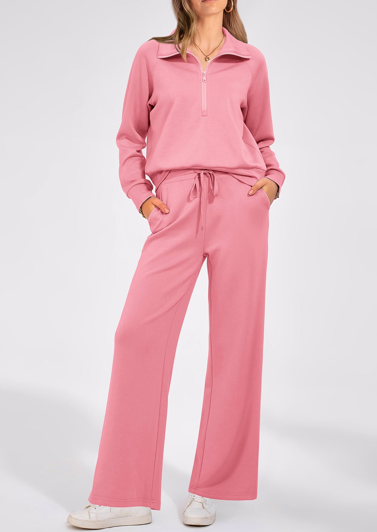 Pisania Women's 2 Piece Outfits Casual Lapel Half Zip Sweatshirts And Wide Leg Pants Tracksuit Sets