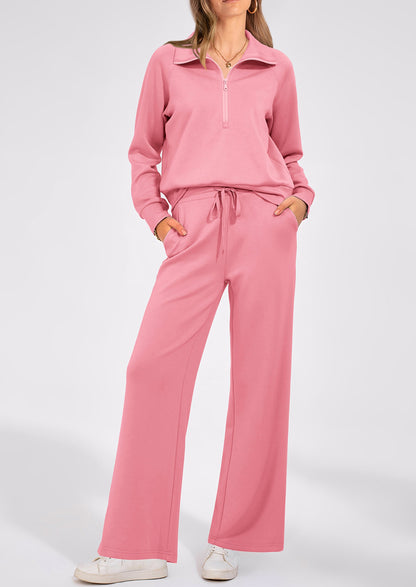 Pisania Women's 2 Piece Outfits Casual Lapel Half Zip Sweatshirts And Wide Leg Pants Tracksuit Sets