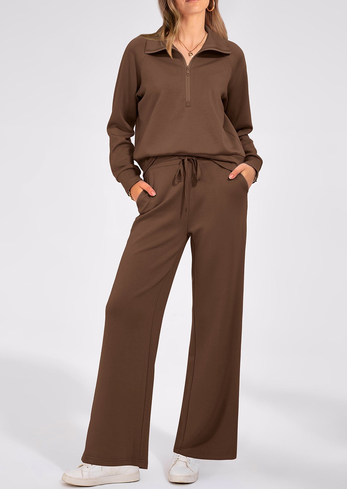 Pisania Women's 2 Piece Outfits Casual Lapel Half Zip Sweatshirts And Wide Leg Pants Tracksuit Sets