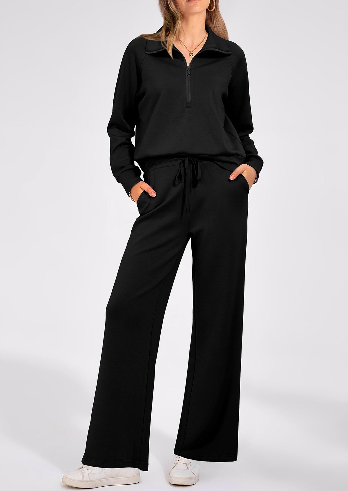 Pisania Women's 2 Piece Outfits Casual Lapel Half Zip Sweatshirts And Wide Leg Pants Tracksuit Sets