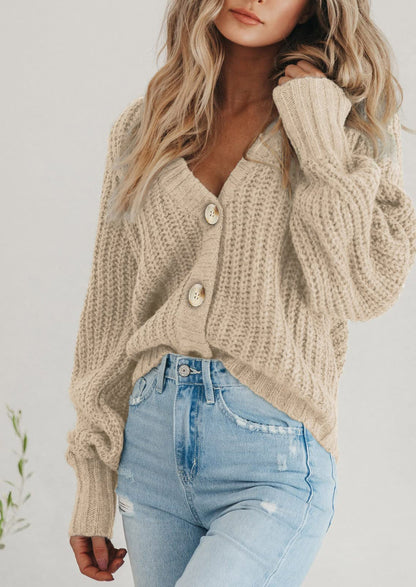 Pisania Women's Chunky Knit Open Front Sweater Long Sleeve Button Loose Short Cardigan Outerwear Coats