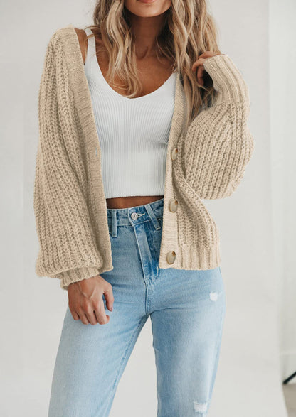 Pisania Women's Chunky Knit Open Front Sweater Long Sleeve Button Loose Short Cardigan Outerwear Coats