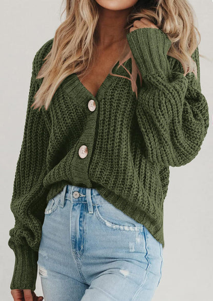 Pisania Women's Chunky Knit Open Front Sweater Long Sleeve Button Loose Short Cardigan Outerwear Coats