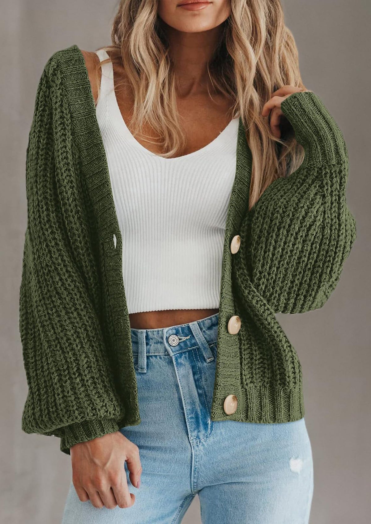 Pisania Women's Chunky Knit Open Front Sweater Long Sleeve Button Loose Short Cardigan Outerwear Coats