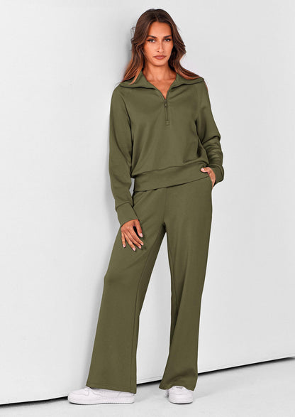 Pisania Women's 2 Piece Outfits Casual Lapel Half Zip Sweatshirts And Wide Leg Pants Tracksuit Sets