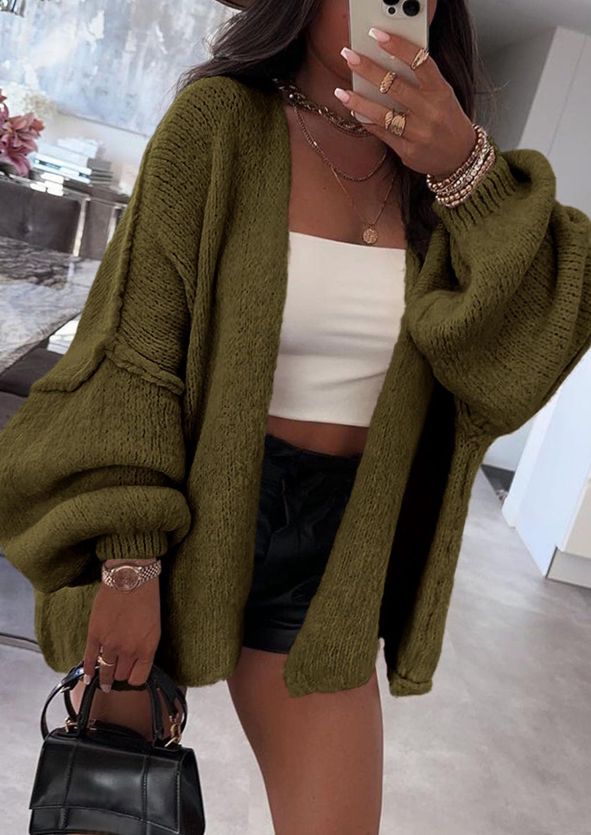 Pisania Womens Oversized Cardigan Sweaters Fall Long Lantern Sleeve Knit Open Front Lightweight Sweater