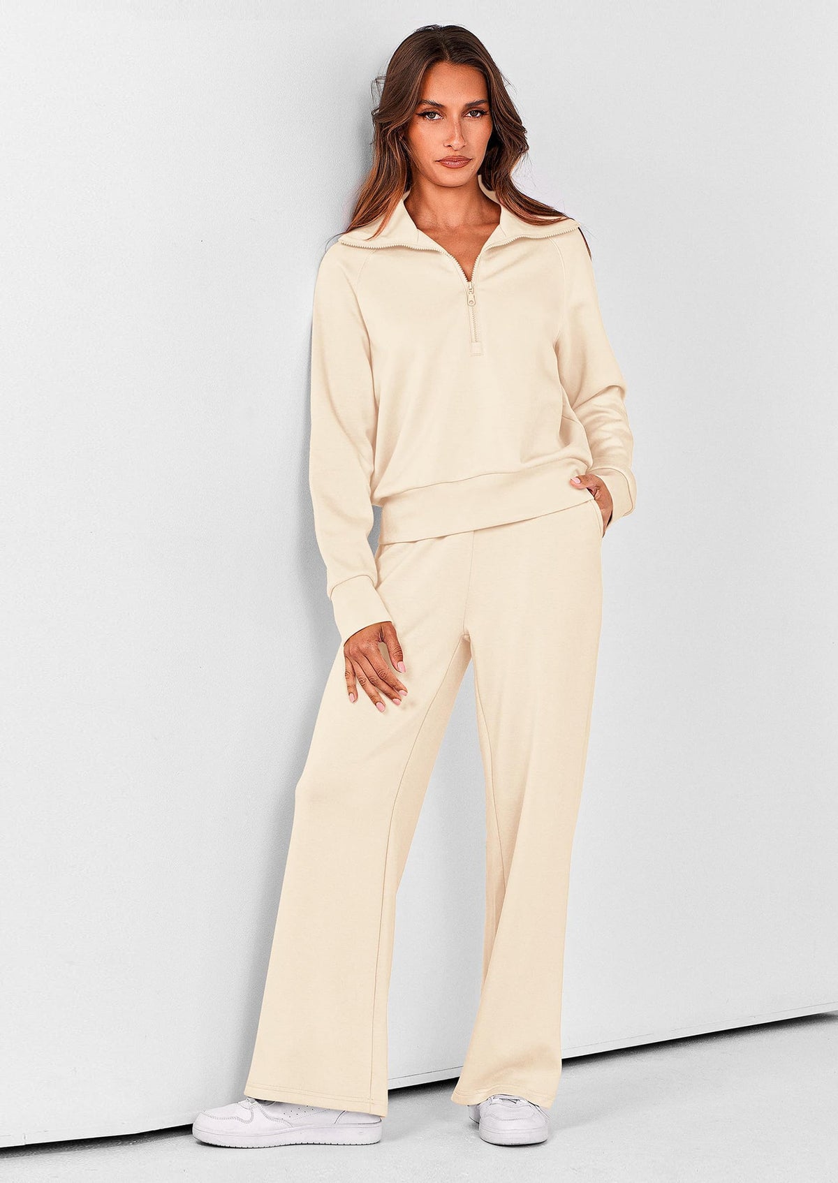 Pisania Women's 2 Piece Outfits Casual Lapel Half Zip Sweatshirts And Wide Leg Pants Tracksuit Sets