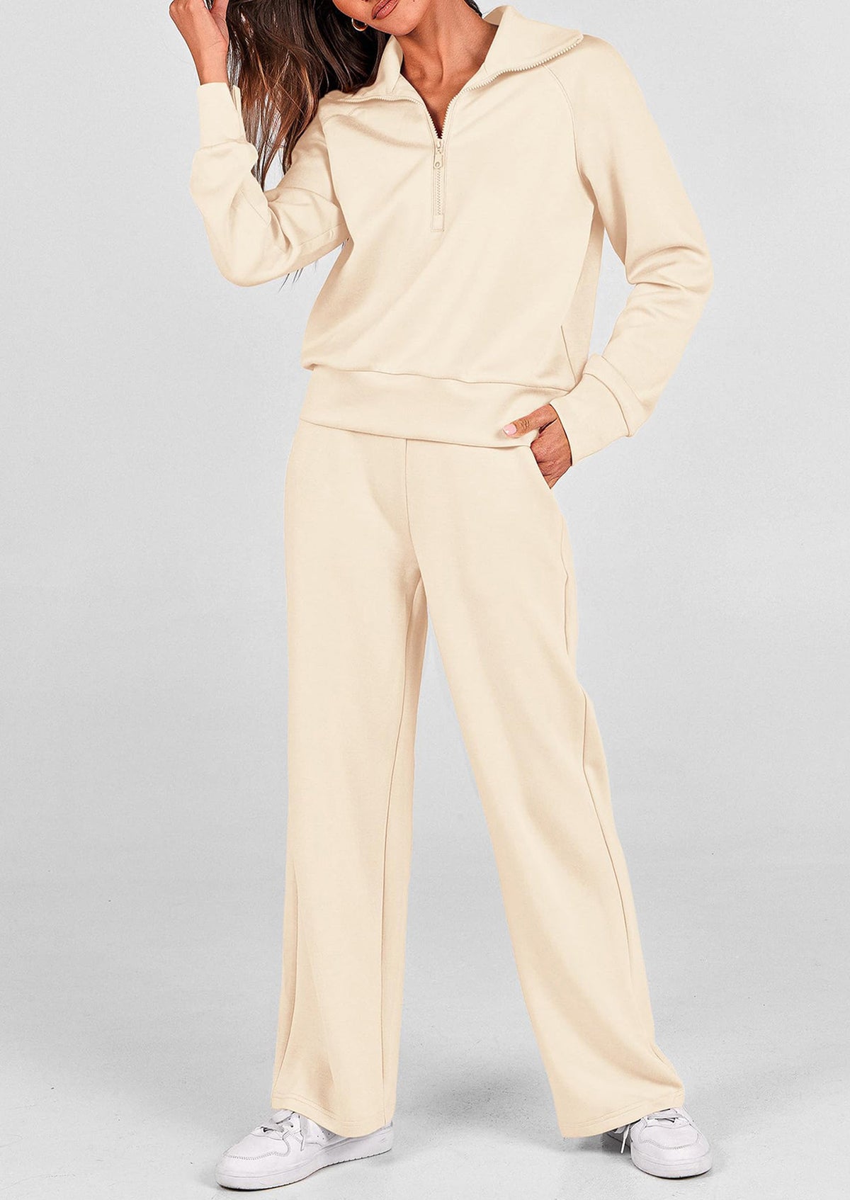 Pisania Women's 2 Piece Outfits Casual Lapel Half Zip Sweatshirts And Wide Leg Pants Tracksuit Sets