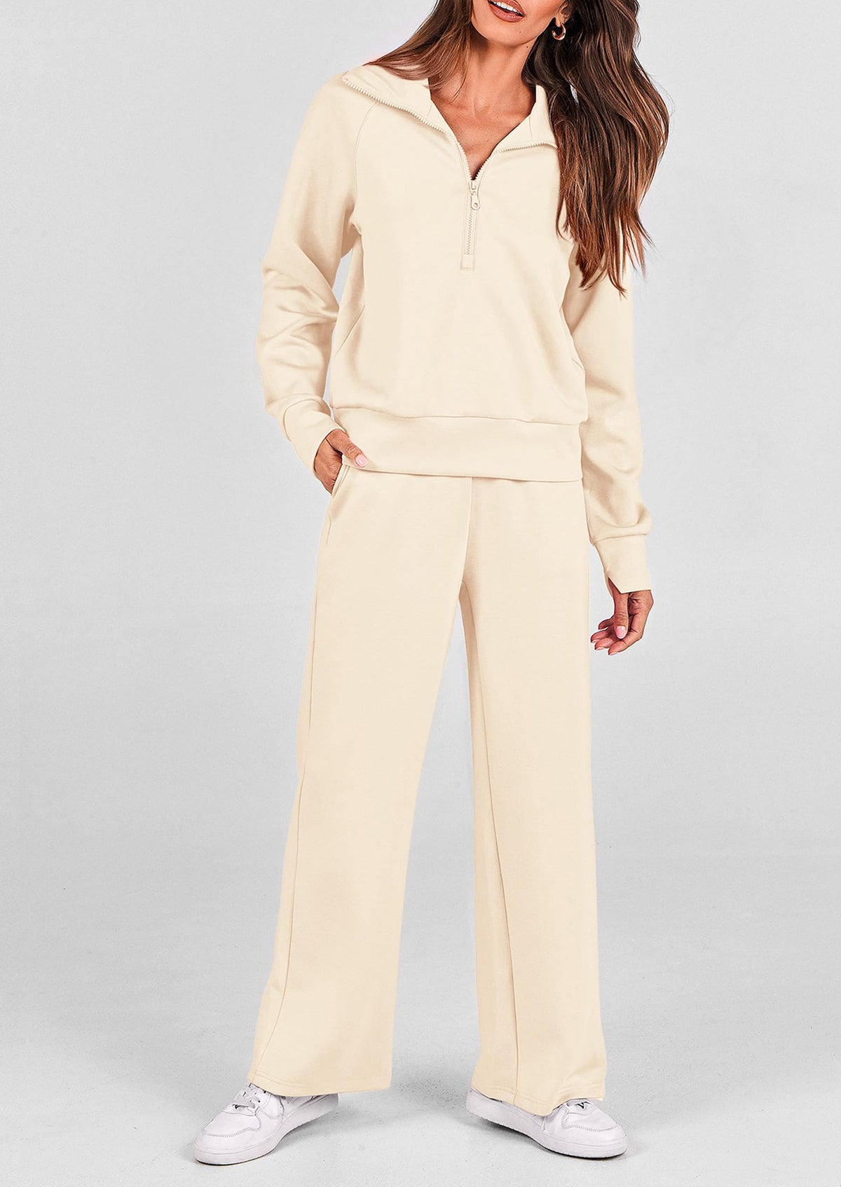 Pisania Women's 2 Piece Outfits Casual Lapel Half Zip Sweatshirts And Wide Leg Pants Tracksuit Sets