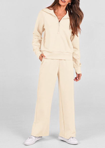 Pisania Women's 2 Piece Outfits Casual Lapel Half Zip Sweatshirts And Wide Leg Pants Tracksuit Sets