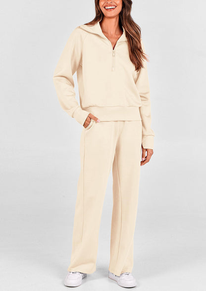 Pisania Women's 2 Piece Outfits Casual Lapel Half Zip Sweatshirts And Wide Leg Pants Tracksuit Sets