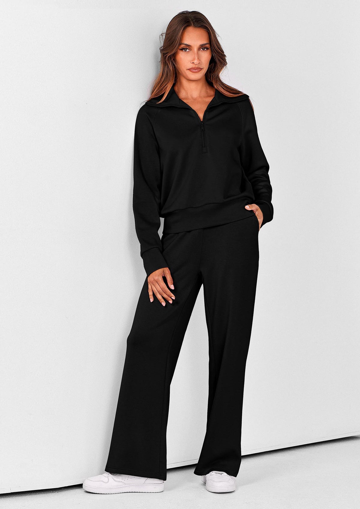 Pisania Women's 2 Piece Outfits Casual Lapel Half Zip Sweatshirts And Wide Leg Pants Tracksuit Sets