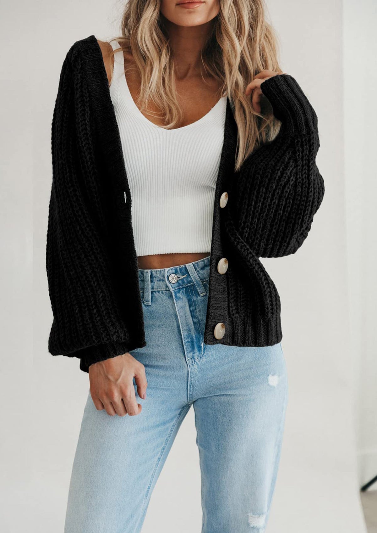 Pisania Women's Chunky Knit Open Front Sweater Long Sleeve Button Loose Short Cardigan Outerwear Coats