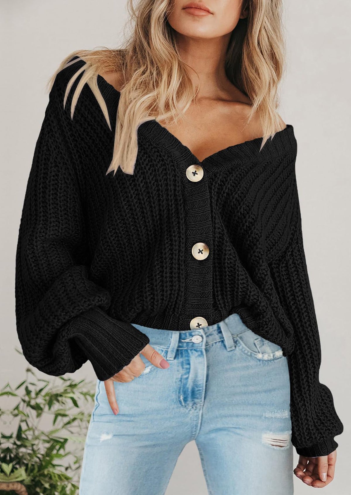 Pisania Women's Chunky Knit Open Front Sweater Long Sleeve Button Loose Short Cardigan Outerwear Coats