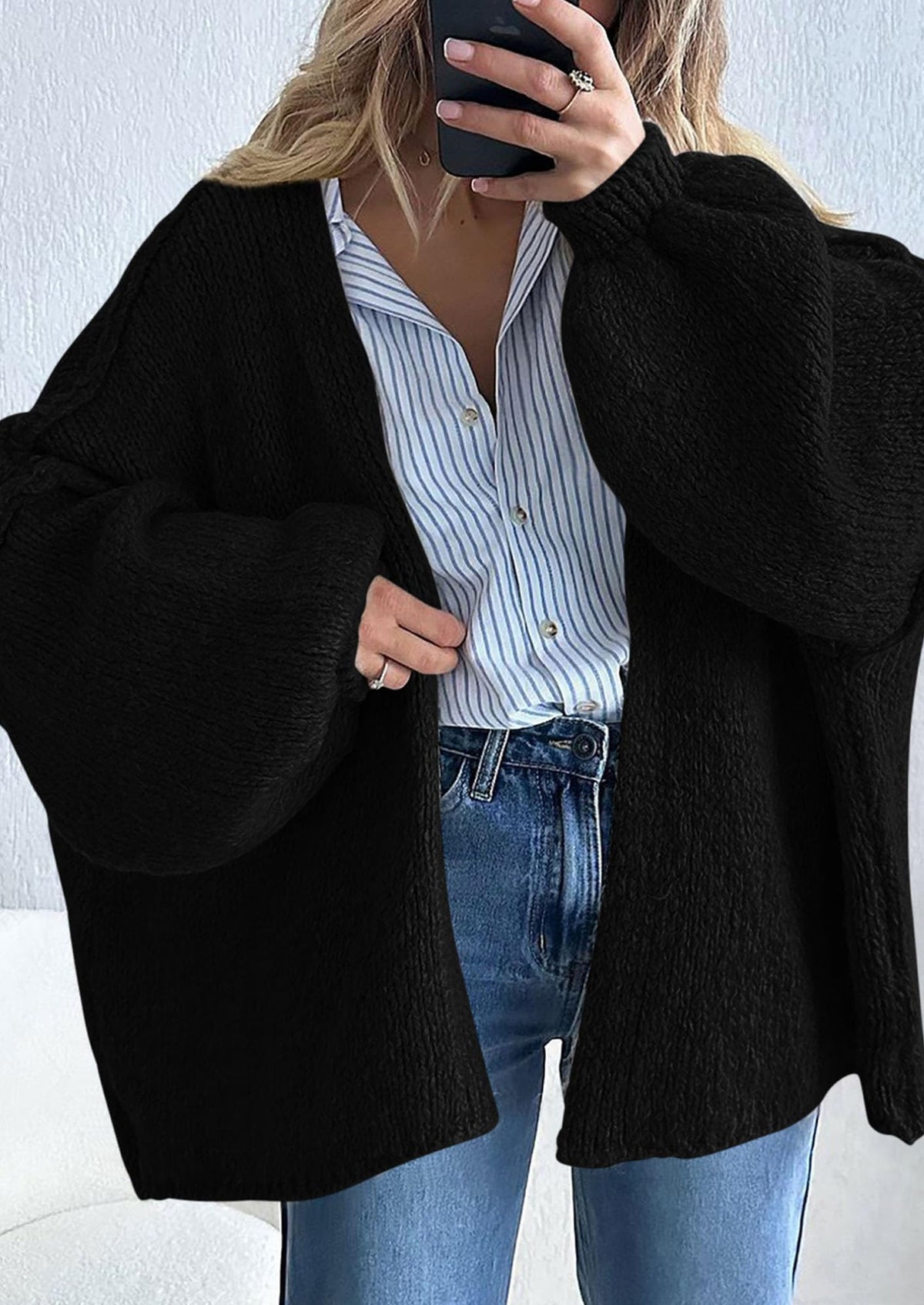 Pisania Womens Oversized Cardigan Sweaters Fall Long Lantern Sleeve Knit Open Front Lightweight Sweater