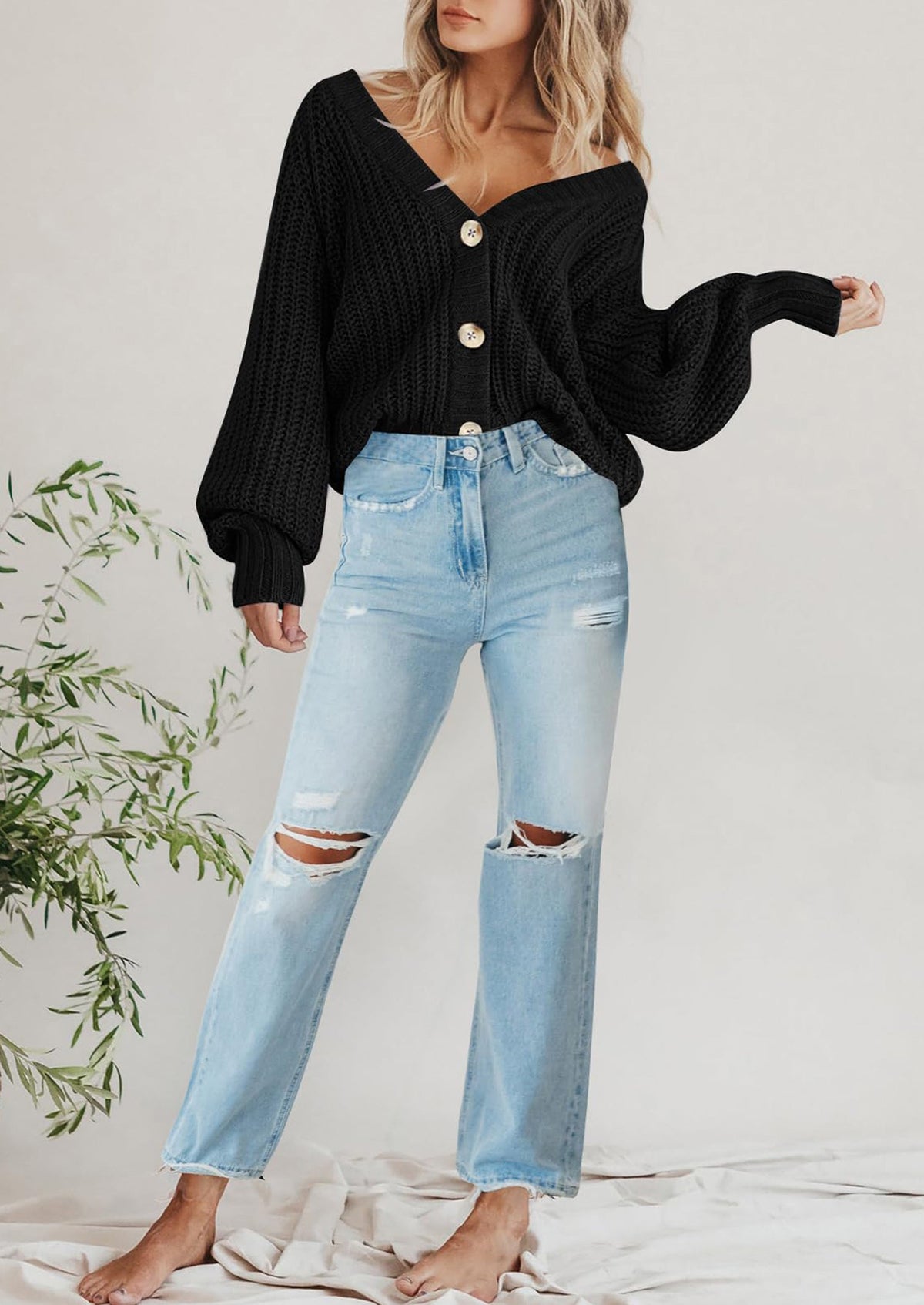 Pisania Women's Chunky Knit Open Front Sweater Long Sleeve Button Loose Short Cardigan Outerwear Coats