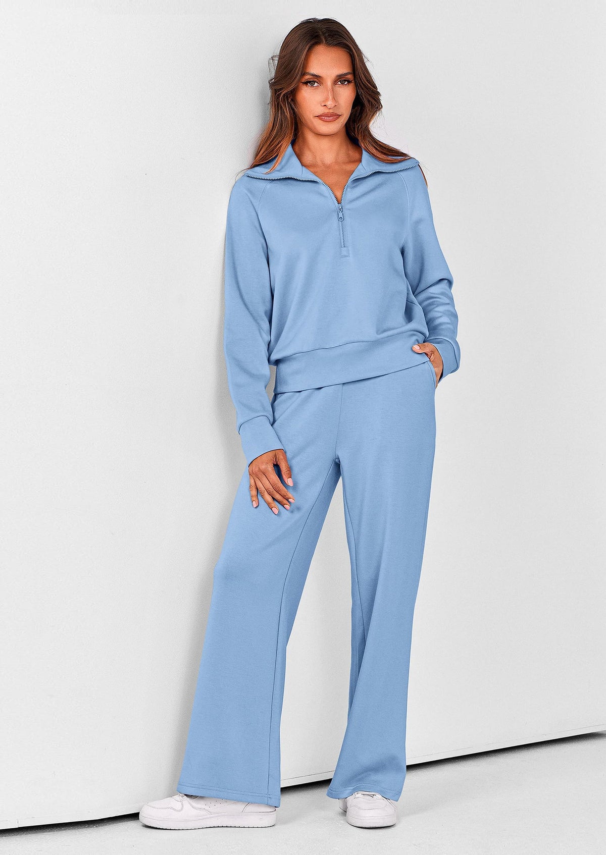 Pisania Women's 2 Piece Outfits Casual Lapel Half Zip Sweatshirts And Wide Leg Pants Tracksuit Sets