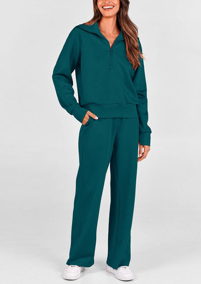 Pisania Women's 2 Piece Outfits Casual Lapel Half Zip Sweatshirts And Wide Leg Pants Tracksuit Sets
