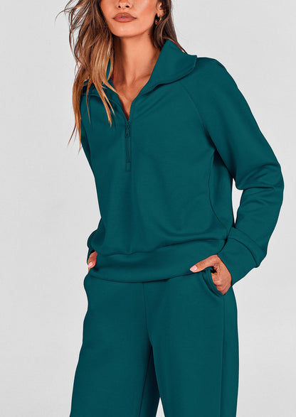 Pisania Women's 2 Piece Outfits Casual Lapel Half Zip Sweatshirts And Wide Leg Pants Tracksuit Sets