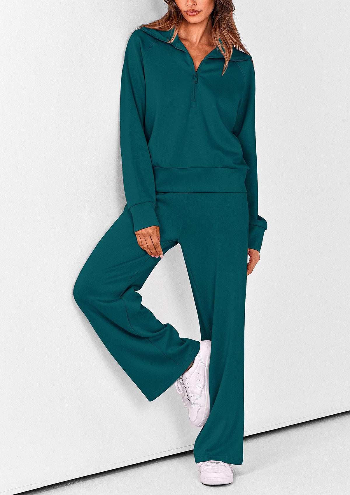 Pisania Women's 2 Piece Outfits Casual Lapel Half Zip Sweatshirts And Wide Leg Pants Tracksuit Sets