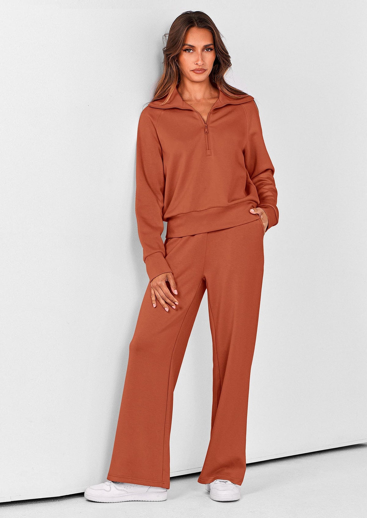 Pisania Women's 2 Piece Outfits Casual Lapel Half Zip Sweatshirts And Wide Leg Pants Tracksuit Sets