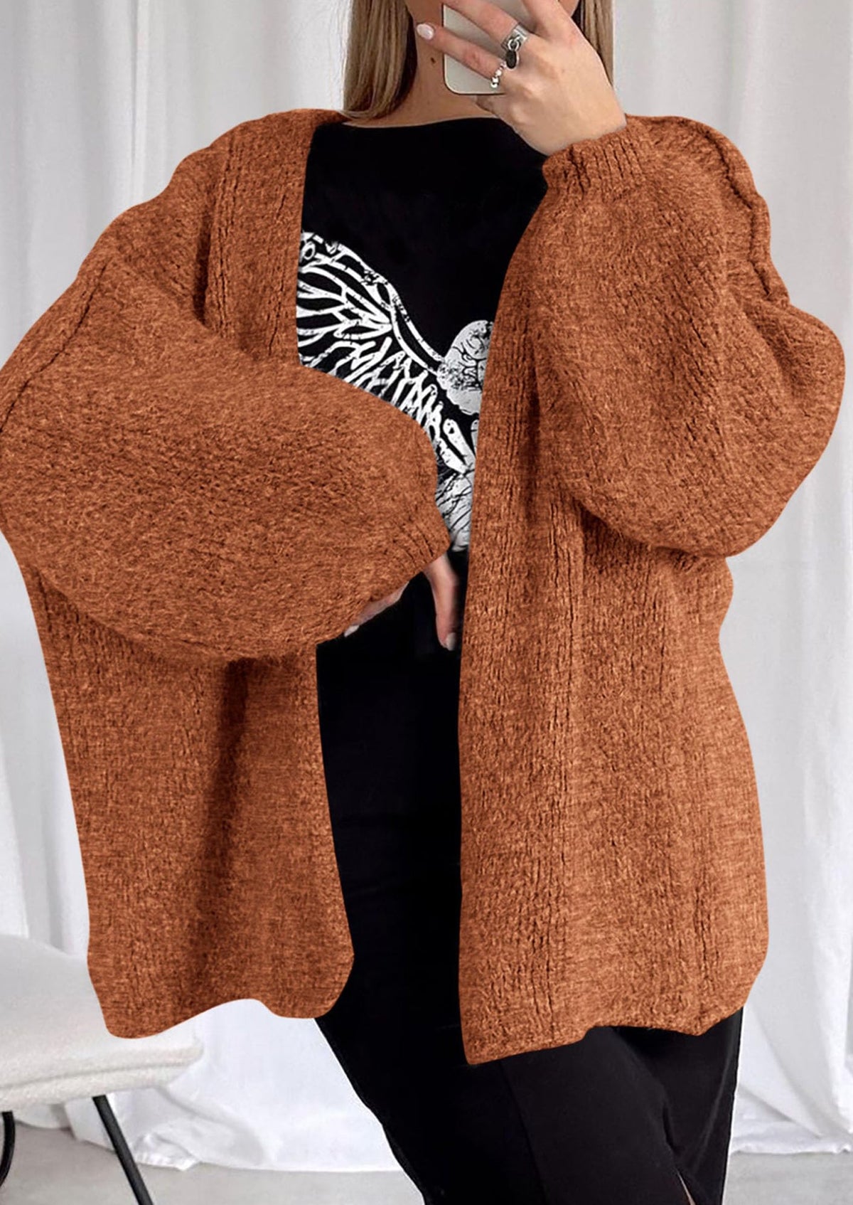 Pisania Womens Oversized Cardigan Sweaters Fall Long Lantern Sleeve Knit Open Front Lightweight Sweater