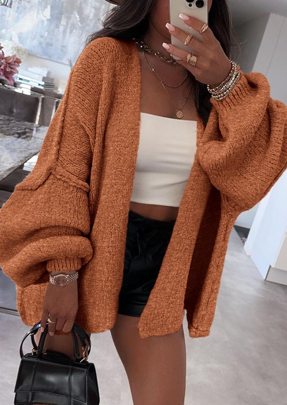Pisania Womens Oversized Cardigan Sweaters Fall Long Lantern Sleeve Knit Open Front Lightweight Sweater