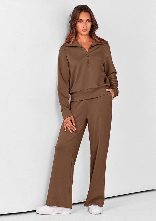 Pisania Women's 2 Piece Outfits Casual Lapel Half Zip Sweatshirts And Wide Leg Pants Tracksuit Sets
