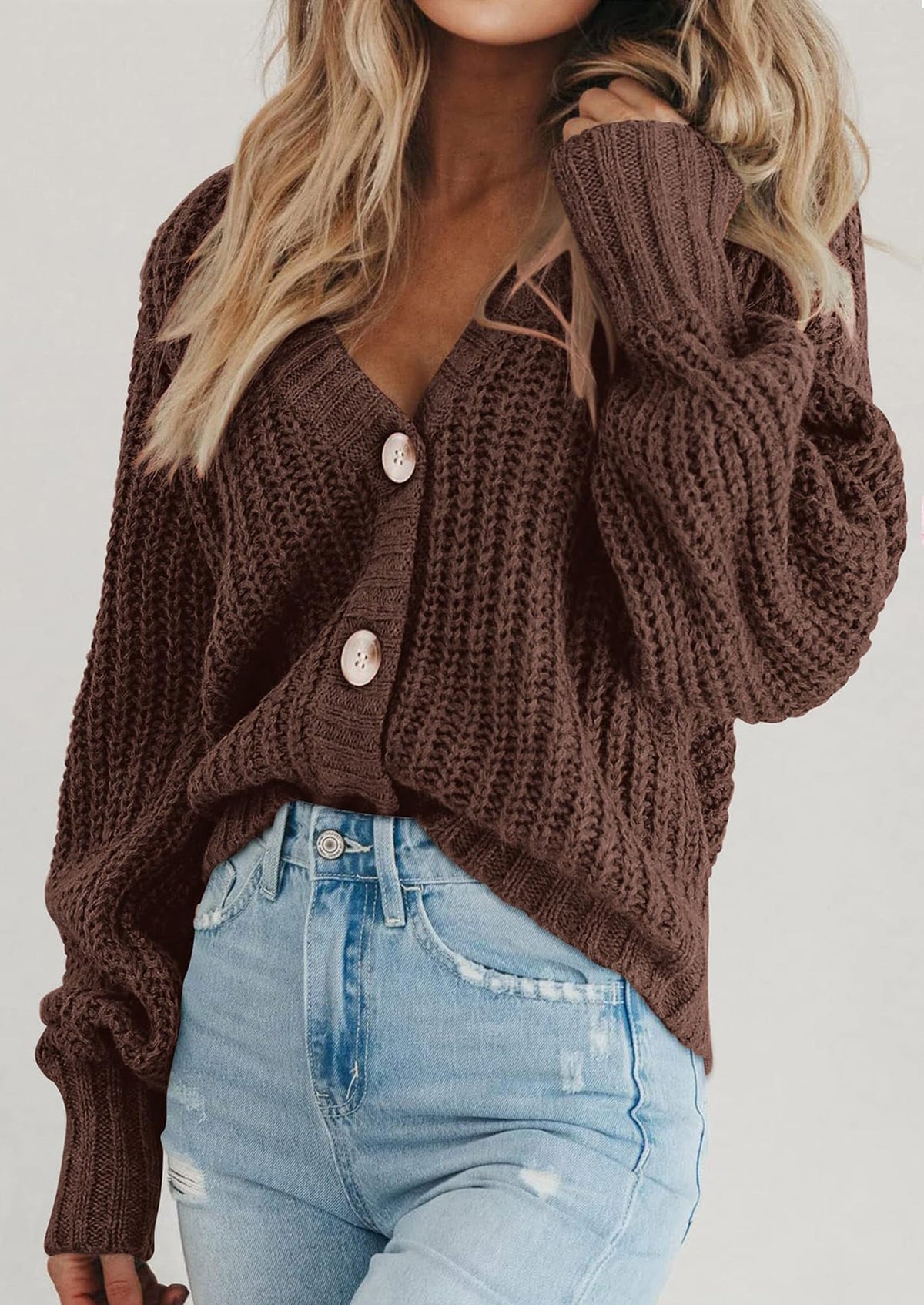 Pisania Women's Chunky Knit Open Front Sweater Long Sleeve Button Loose Short Cardigan Outerwear Coats