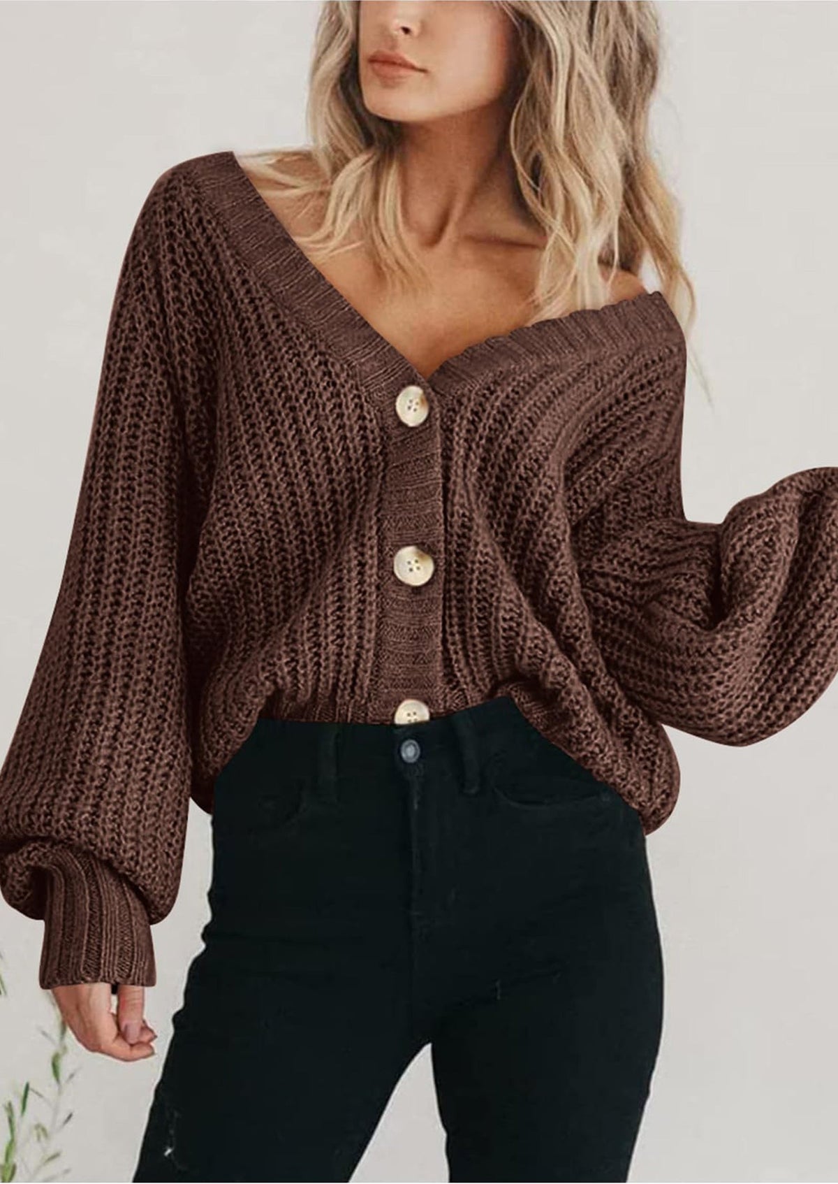 Pisania Women's Chunky Knit Open Front Sweater Long Sleeve Button Loose Short Cardigan Outerwear Coats