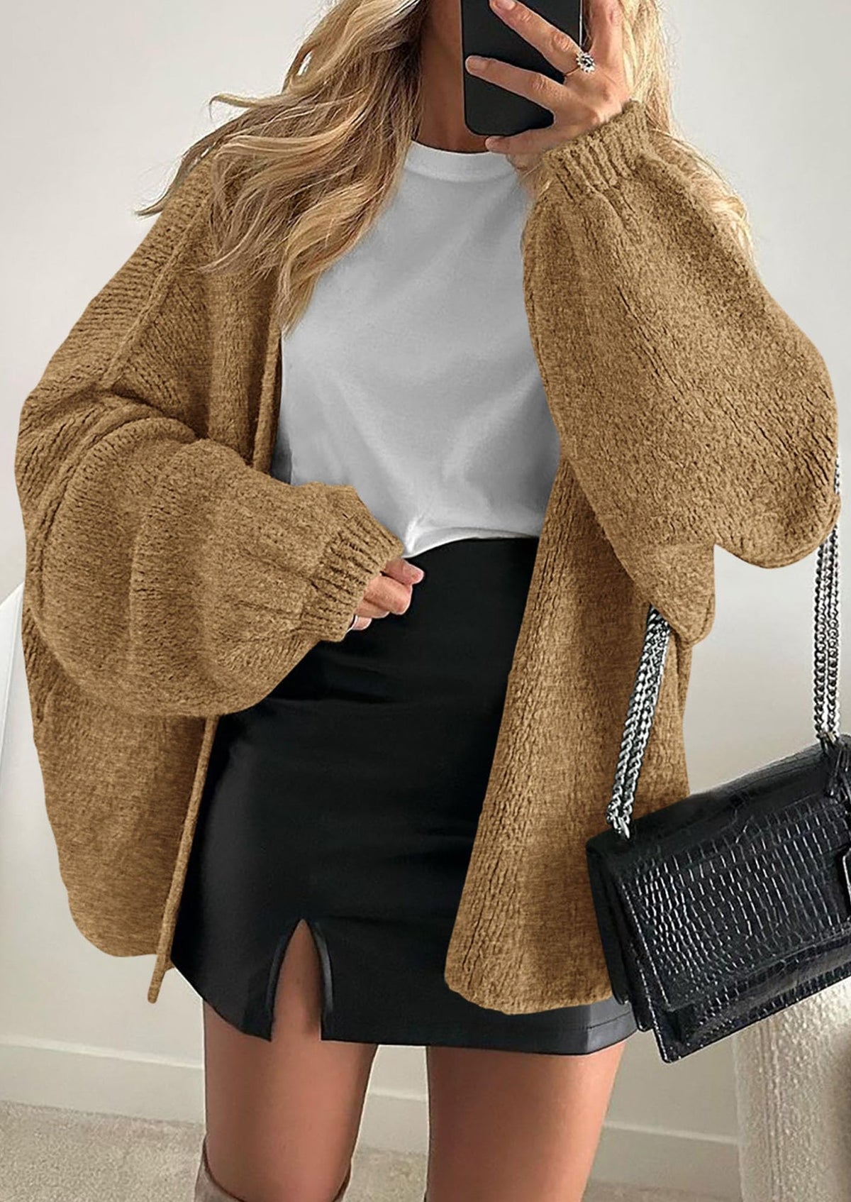 Pisania Womens Oversized Cardigan Sweaters Fall Long Lantern Sleeve Knit Open Front Lightweight Sweater