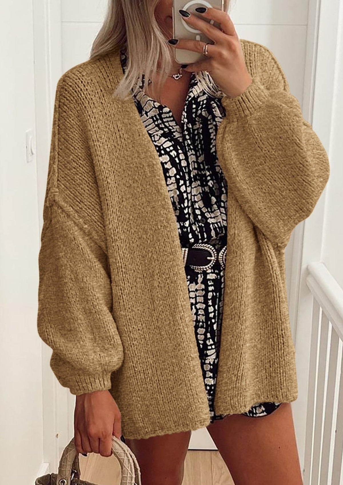 Pisania Womens Oversized Cardigan Sweaters Fall Long Lantern Sleeve Knit Open Front Lightweight Sweater