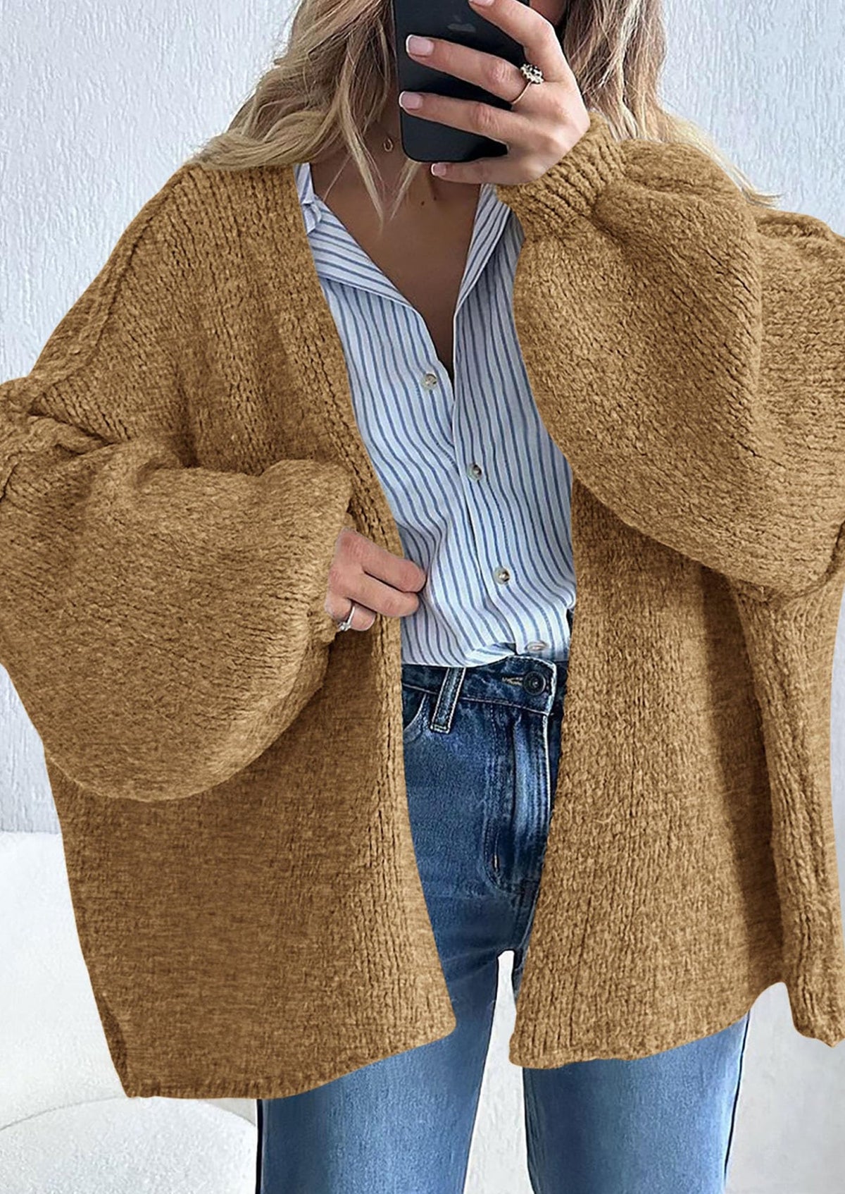 Pisania Womens Oversized Cardigan Sweaters Fall Long Lantern Sleeve Knit Open Front Lightweight Sweater