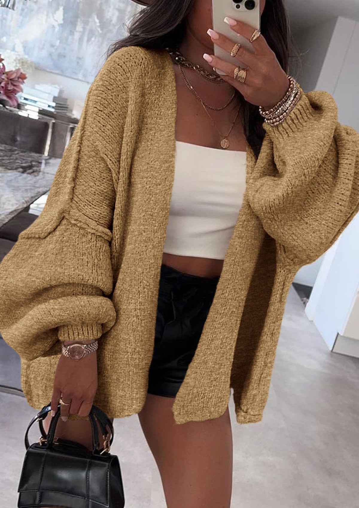 Pisania Womens Oversized Cardigan Sweaters Fall Long Lantern Sleeve Knit Open Front Lightweight Sweater