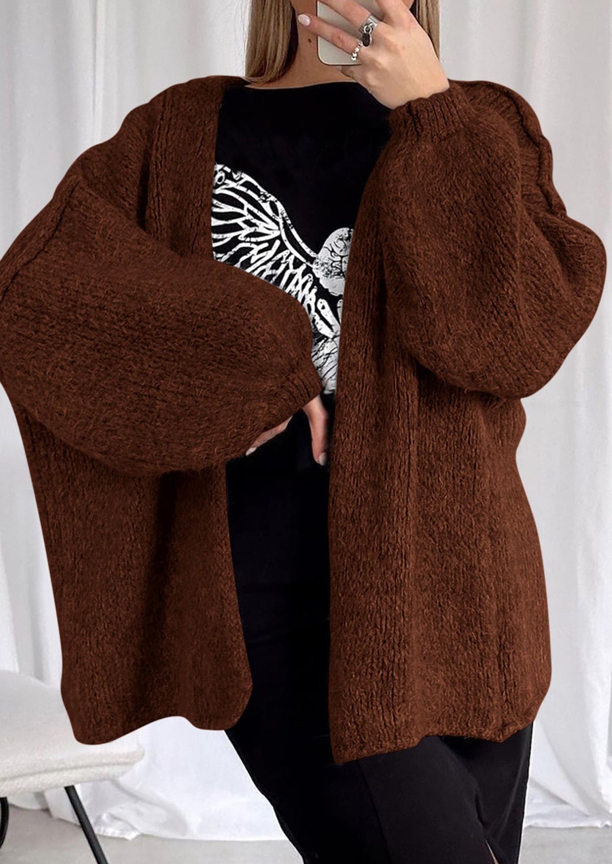 Pisania Womens Oversized Cardigan Sweaters Fall Long Lantern Sleeve Knit Open Front Lightweight Sweater